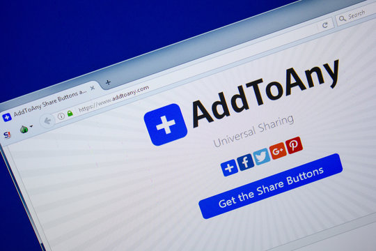 Ryazan, Russia - June 26, 2018: Homepage of Addtoany website on the display of PC. URL - Addtoany.com.