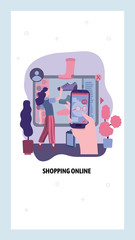 Online shopping concept. Woman buy shoes in internet shop using mobile phone. Vector web site design template. Landing page website concept illustration