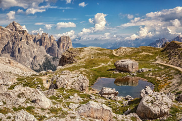 Lake (Laghi del Piani) near the Three Peaks hut in the Dolomite Alps, South Tyrol, Italy