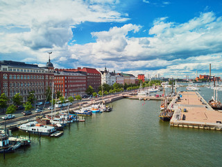 Aerial view of city streets and embankment in Helsinki, Finland