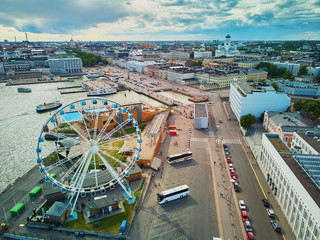 Aerial view of Ferris Wheel and Helsinki Cathedral in the capital of Finland