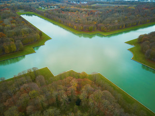 Aerial view of Grand Canal in the Gardens of Versailles near Paris, France