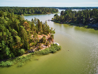 Aerial view of beautiful lake with green grass in the countryside of Finland