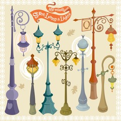 Street light lamp isometric cartoon illustration map builder set 2