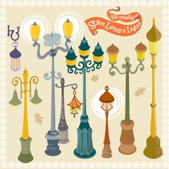 Street light lamp isometric cartoon illustration map builder set 1