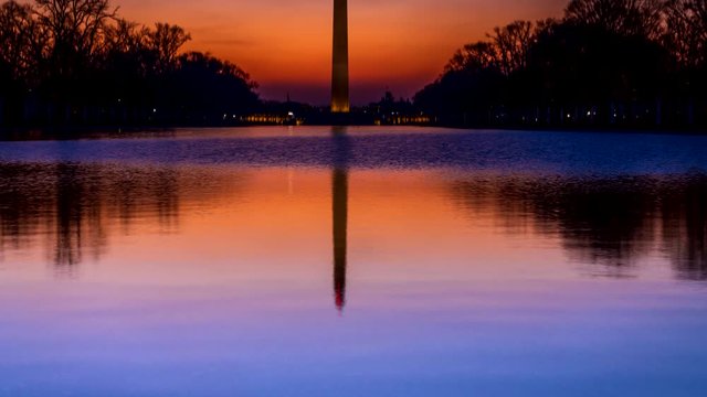  timelapse of Washington Monument and reflecting pond at sunrise, Washington D.C.