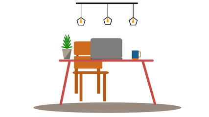There are wooden table with laptop and mug include fresh small tree. There are three hang lamp on top for decoration in this room