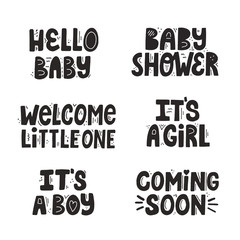 Set of black isolated lettering with abstract decoration for newborn design