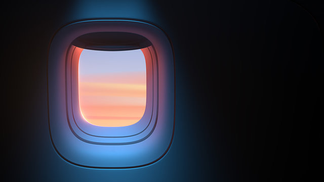 Airplane porthole in the evening ambient atmosphere with clouds sunset visible through window. In pink blue color scheme. Ultra realistic 3d render illustration with copy space