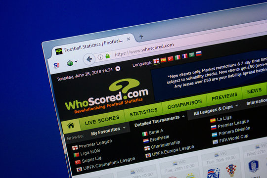 Ryazan, Russia - June 26, 2018: Homepage of WhoScored website on the display of PC. URL - WhoScored.com.
