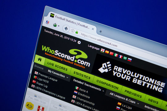 Ryazan, Russia - June 26, 2018: Homepage of WhoScored website on the display of PC. URL - WhoScored.com.
