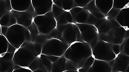 Flowing white rippled shiny light caustic textured pattern on a black pool water abstract background