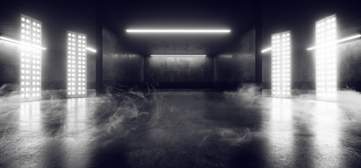 Smoke Fog Futuristic Sci Fi White Pantone Glowing Laser Neon Beams Virtual Graphic Cyber Garage Stage Studio Underground Hallway Parking Showcase 3D Rendering