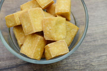 A bowl of Fried Tofu, closeup