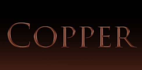 The word copper is written in metallic letters on a black background. The illustration has a copper gradient from bottom to top. Concept: typesetting for logo, poster, invitation. vector