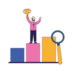 Happy man holding up a trophy on graphic bar chart