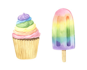 Watercolor rainbow ice cream and cupcake