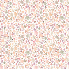 Watercolor seamless pattern with terrazzo mosaic texture. Trendy beige warm background with geometric nature element perfect for fabric textile, wrapping paper and wallpaper