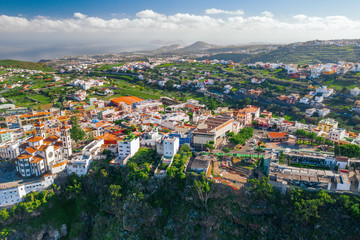 Scenic cinematic aerial view small village Moya on Gran Canaria Gran Canaria on Canary Islands in Spain