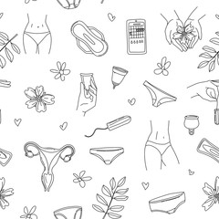 Women's menstruation periods seamless pattern: underpants, pads, tampons, menstrual cup