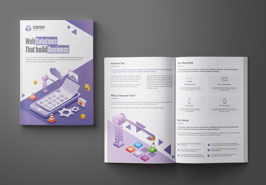 Purple and White Bifold Business Brochure Layout with Illustrations