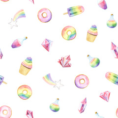 Watercolor seamless pattern with colorful rainbow