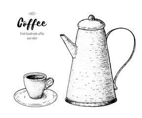 Vintage coffee pot. Hand drawn sketch. Vintage vector illustration. Make espresso coffee.
