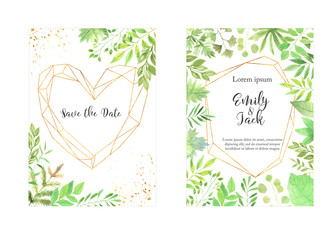 Watercolor floral card template with green leaf