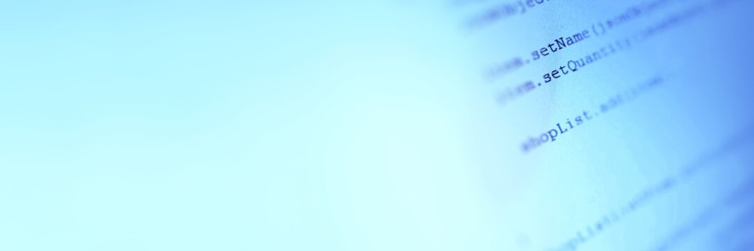  Application source code on notebook blue screen background.  Software developer programming code on computer. Abstract computer script source code. Banner as template for your design.