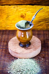 Chimarrão, or mate, is a characteristic drink of the culture of southern South America. mate bowl with mate herb, pump and accessories for preparing mate herb. Space for text.
