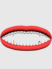 Naklejka premium Red lips open mouth on a white background. with white teeth. mouth with blood. 3D rendering