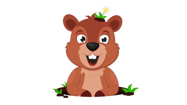 Animation groundhog jumps out of the hole and yawns, alpha channel. Groundhog day.