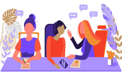 Women at a meeting at the table. Working meeting of the team in the conference room. Women's team. Flat design. Stock market, investment and business, finance and business people.