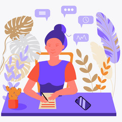 A woman secretary sits at a desk and writes. Work in the office. Office Manager. Assistant director. To solve problems.