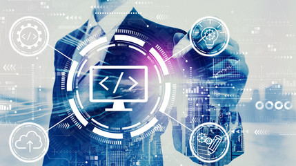 Web development concept with businessman on a city background