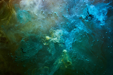 Green blue abstract exoplanet outer space vibrant sea. Waves, splashes and drops of water paint....