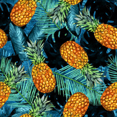 watercolor pineapple and palm leaves seamless pattern illustration. Tropical background