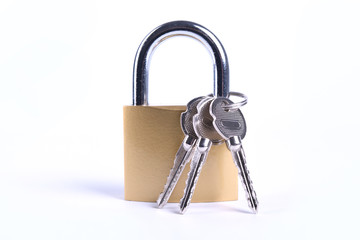 Locked Golden Padlock with keys on the white background.