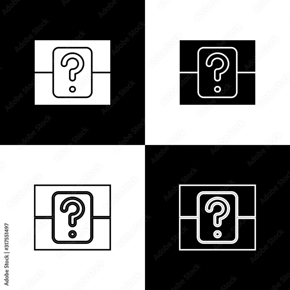 Poster set mystery box or random loot box for games icon isolated on black and white background. question b