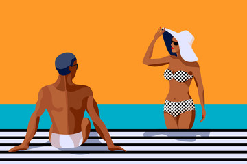 Retro summer poster with a handsome man and beautiful woman talking and sunbathing. Vintage banner with a happy couple. Great banner for beach party, hotel vacation ads. Summer background.