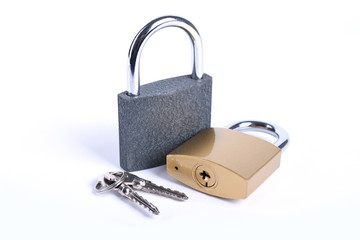 Two Locked grey and golden Padlock on the white background.