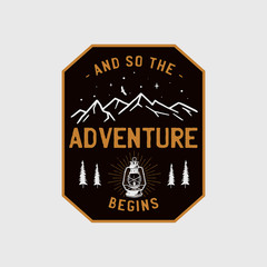 Wilderness adventure Logo Design print. Camping lantern badge. Great outdoors patch. Camp design for t-shirt, other prints. Outdoor insignia label. Stock vector