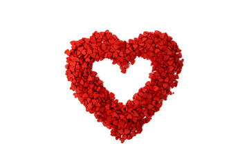 Close up of Red Heart Made of Sugar Sprinkle Dot Hearts, Decoration for Cake and Bakery on White Background