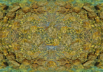 Background based on transparent turquoise water and golden pitfalls. Background