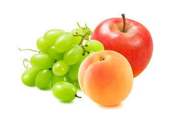 Fresh red apple, green grapes and apricots isolated on white background