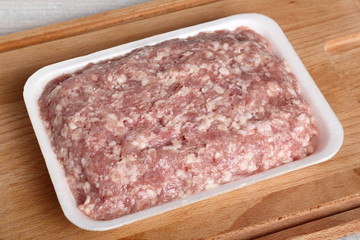Ground chicken in polystyrene food tray