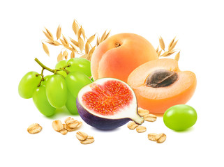 Naklejka na ściany i meble Fresh apricots, grapes, figs and oat ears isolated on white background with clipping path
