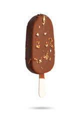  chocolate coated ice cream with almond nuts in a section on a stick on a white background