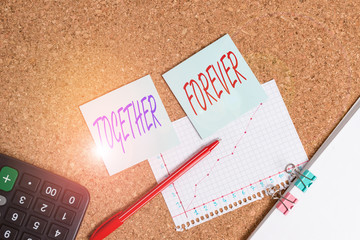 Writing note showing Together Forever. Business concept for showing who promise to love one another...