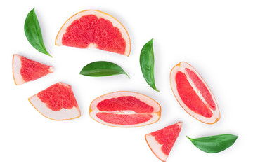 Grapefruit and slices with leaves isolated on white background. Top view. Flat lay pattern